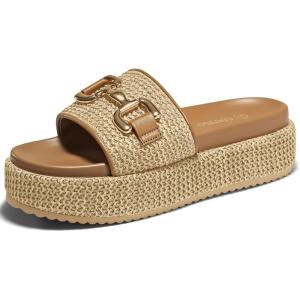 imageCoutgo Womens Platform Sandals Raffia Espadrilles Metal Chain Slip on Open Toe Cute Beach Slide SandalsApricot