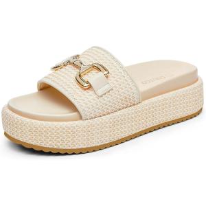 imageCoutgo Womens Platform Sandals Raffia Espadrilles Metal Chain Slip on Open Toe Cute Beach Slide SandalsCream White