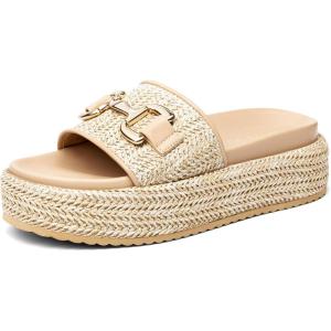 imageCoutgo Womens Platform Sandals Raffia Espadrilles Metal Chain Slip on Open Toe Cute Beach Slide SandalsLight Brown