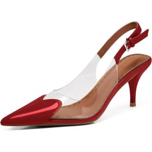 imageCoutgo Womens Slingback Kitten Heels Heart Clear Pumps Low Heel Pointed Closed Toe Party Wedding Dress ShoesRed