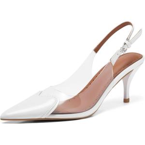 imageCoutgo Womens Slingback Kitten Heels Heart Clear Pumps Low Heel Pointed Closed Toe Party Wedding Dress ShoesWhite