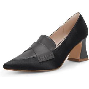 imageWomens Chunky Block Low Heels Pumps Stitching Retro Work Office Dress ShoesBlack