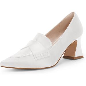 imageWomens Chunky Block Low Heels Pumps Stitching Retro Work Office Dress ShoesWhite