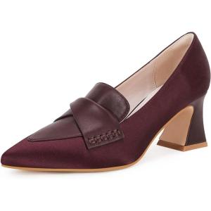 imageWomens Chunky Block Low Heels Pumps Stitching Retro Work Office Dress ShoesWine Red