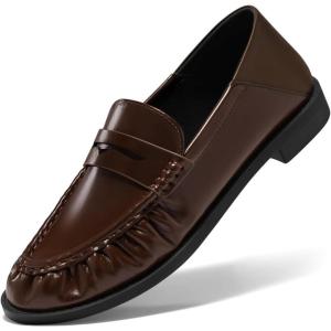 imageCoutgo Penny Loafers for Women Comfortable Slip on Shoes Collapsible Heel Closed Toe Dressy Casual Work FlatsDark Brown