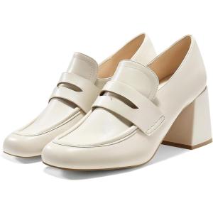 imageCoutgo Womens Loafer Heels Block Chunky Heeled Penny Loafers Slip On Square Toe Business Work Dress ShoesBeige