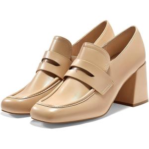 imageCoutgo Womens Loafer Heels Block Chunky Heeled Penny Loafers Slip On Square Toe Business Work Dress ShoesKhaki