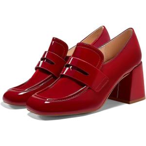 imageCoutgo Womens Loafer Heels Block Chunky Heeled Penny Loafers Slip On Square Toe Business Work Dress ShoesWine Red