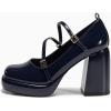 imageCoutgo Womens Mary Jane Heels Chunky Platform Loafer Shoes Block Heel Closed Square Toe Pumps Cross Strap High Heel Dress ShoesNavy