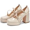 imageCoutgo Womens Mary Jane Heels Chunky Platform Loafer Shoes Block Heel Closed Square Toe Pumps Cross Strap High Heel Dress ShoesNude