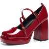 imageCoutgo Womens Mary Jane Heels Chunky Platform Loafer Shoes Block Heel Closed Square Toe Pumps Cross Strap High Heel Dress ShoesRed