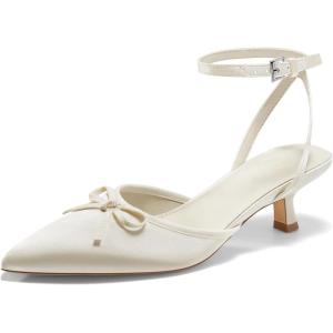 imageCoutgo Satin Kitten Low Heels with Bow Closed Pointed Toe Short Pumps Dress Wedding Party ShoesBeige