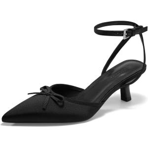 imageCoutgo Satin Kitten Low Heels with Bow Closed Pointed Toe Short Pumps Dress Wedding Party ShoesBlack