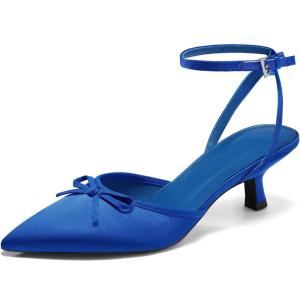 imageCoutgo Satin Kitten Low Heels with Bow Closed Pointed Toe Short Pumps Dress Wedding Party ShoesBlue