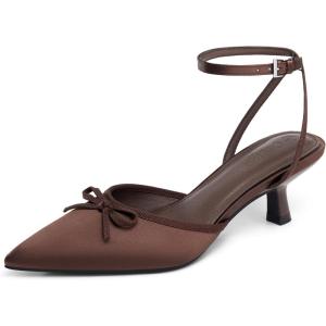 imageCoutgo Satin Kitten Low Heels with Bow Closed Pointed Toe Short Pumps Dress Wedding Party ShoesCoffee
