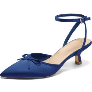 imageCoutgo Satin Kitten Low Heels with Bow Closed Pointed Toe Short Pumps Dress Wedding Party ShoesNavy