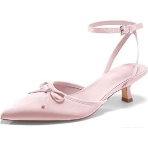 imageCoutgo Satin Kitten Low Heels with Bow Closed Pointed Toe Short Pumps Dress Wedding Party ShoesPink