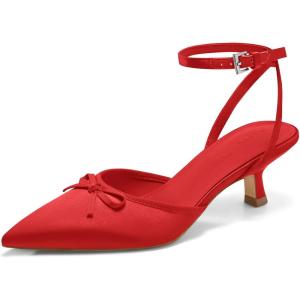 imageCoutgo Satin Kitten Low Heels with Bow Closed Pointed Toe Short Pumps Dress Wedding Party ShoesRed
