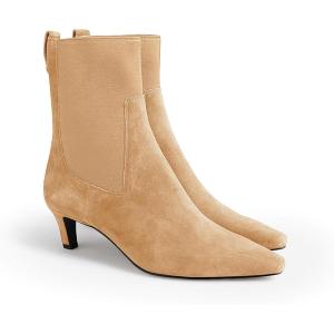 imageCoutgo Womens Ankle Boots Low Kitten Heel Pointed Toe Slip On Elastic Dressy Fall Winter Booties ShoesKhaki