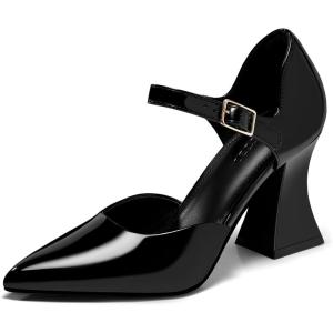 imageCoutgo Womens Chunky High Heels Closed Pointed Toe Ankle Strap Pumps Cute Dress Dance ShoesBlack