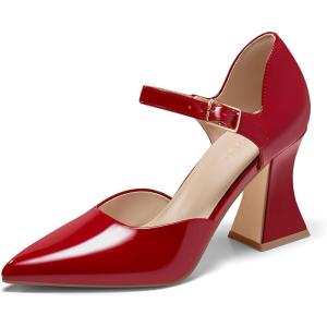 imageCoutgo Womens Chunky High Heels Closed Pointed Toe Ankle Strap Pumps Cute Dress Dance ShoesRed