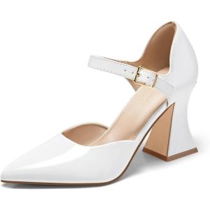 imageCoutgo Womens Chunky High Heels Closed Pointed Toe Ankle Strap Pumps Cute Dress Dance ShoesWhite