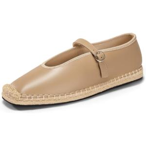 imageCoutgo Womens Espadrilles Mary Jane Flats Closed Sqaure Toe Mesh Ballet Flats Comfortable Dress ShoesKhakiPu