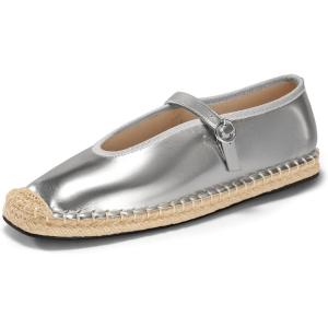 imageCoutgo Womens Espadrilles Mary Jane Flats Closed Sqaure Toe Mesh Ballet Flats Comfortable Dress ShoesSilverPu