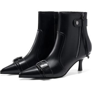 imageCoutgo Womens Kitten Heel Ankle Boots Pointed Toe Buckle Side Zipper Tassel Fall Winter Booties ShoesBlack
