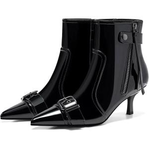 imageCoutgo Womens Kitten Heel Ankle Boots Pointed Toe Buckle Side Zipper Tassel Fall Winter Booties ShoesCool Black