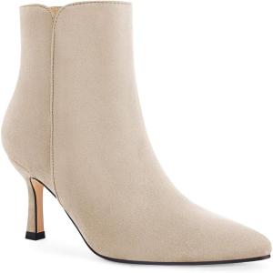 imageCoutgo Womens Kitten Heel Booties Pointed Toe Low Stiletto Side Zipper Ankle Boots ShoesBeige