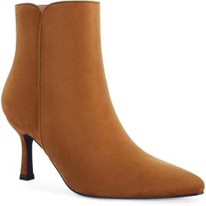 imageCoutgo Womens Kitten Heel Booties Pointed Toe Low Stiletto Side Zipper Ankle Boots ShoesBrown