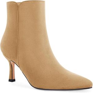 imageCoutgo Womens Kitten Heel Booties Pointed Toe Low Stiletto Side Zipper Ankle Boots ShoesCamel