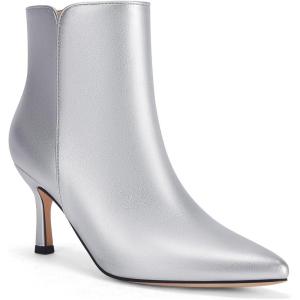 imageCoutgo Womens Kitten Heel Booties Pointed Toe Low Stiletto Side Zipper Ankle Boots ShoesLeather Silver