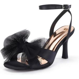 imageCoutgo Womens Lace Bow Heels Sandals Open Square Toe Stiletto High Heel Ankle Strap Bride Wedding Dress ShoesBlack