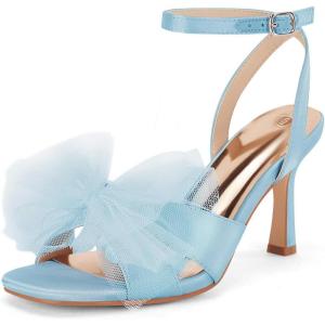 imageCoutgo Womens Lace Bow Heels Sandals Open Square Toe Stiletto High Heel Ankle Strap Bride Wedding Dress ShoesSky Blue