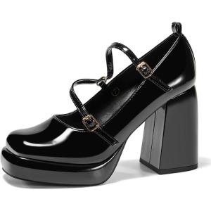 imageCoutgo Womens Mary Jane Heels Chunky Platform Loafer Shoes Block Heel Closed Square Toe Pumps Cross Strap High Heel Dress ShoesBlack