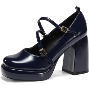 imageCoutgo Womens Mary Jane Heels Chunky Platform Loafer Shoes Block Heel Closed Square Toe Pumps Cross Strap High Heel Dress ShoesNavy