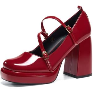 imageCoutgo Womens Mary Jane Heels Chunky Platform Loafer Shoes Block Heel Closed Square Toe Pumps Cross Strap High Heel Dress ShoesRed