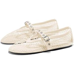 imageCoutgo Womens Mesh Ballet Flats Mary Jane Fishnet Ballerina Buckle Strap Comfortable Causal Dress ShoesApricot