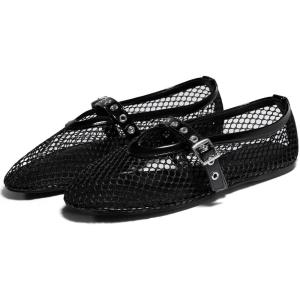 imageCoutgo Womens Mesh Ballet Flats Mary Jane Fishnet Ballerina Buckle Strap Comfortable Causal Dress ShoesBlack