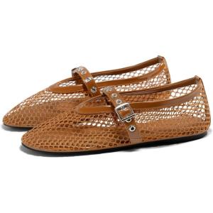 imageCoutgo Womens Mesh Ballet Flats Mary Jane Fishnet Ballerina Buckle Strap Comfortable Causal Dress ShoesBrown