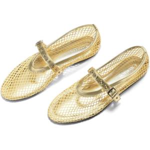 imageCoutgo Womens Mesh Ballet Flats Mary Jane Fishnet Ballerina Buckle Strap Comfortable Causal Dress ShoesGold