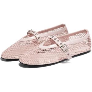 imageCoutgo Womens Mesh Ballet Flats Mary Jane Fishnet Ballerina Buckle Strap Comfortable Causal Dress ShoesPink
