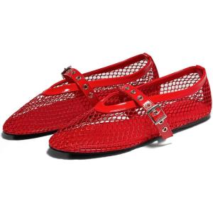 imageCoutgo Womens Mesh Ballet Flats Mary Jane Fishnet Ballerina Buckle Strap Comfortable Causal Dress ShoesRed