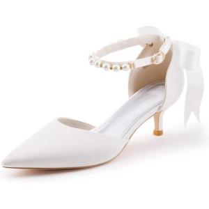 imageCoutgo Womens Pearl Ankle Strap Pumps Low Kitten Heel DOrsay Satin Back Tieknot Heels Pointed Toe Wedding Party Dress ShoesWhite