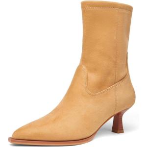 imageCoutgo Womens Pointed Toe Ankle Boots Stacked Kitten Low Heel Side Zipper Fall Booties ShoesCamel Suede