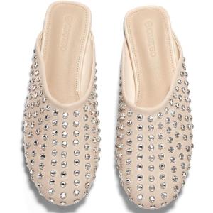 imageCoutgo Womens Rhinestone Mules Flats Sparkly Leather Slip On Shoes Slippers Comfortable Dress Backless ShoesBeige