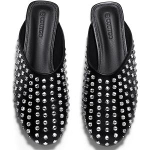 imageCoutgo Womens Rhinestone Mules Flats Sparkly Leather Slip On Shoes Slippers Comfortable Dress Backless ShoesBlack