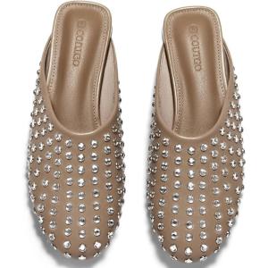 imageCoutgo Womens Rhinestone Mules Flats Sparkly Leather Slip On Shoes Slippers Comfortable Dress Backless ShoesKhaki